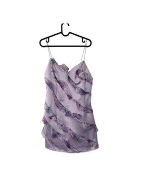 NEW Menti Green Purple Floral Organza Ruffle Satin Mini Dress Womens Medium